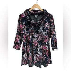 Chelsea & Theodore Dark Abstract Floral Velvet Cowl Neck Tunic